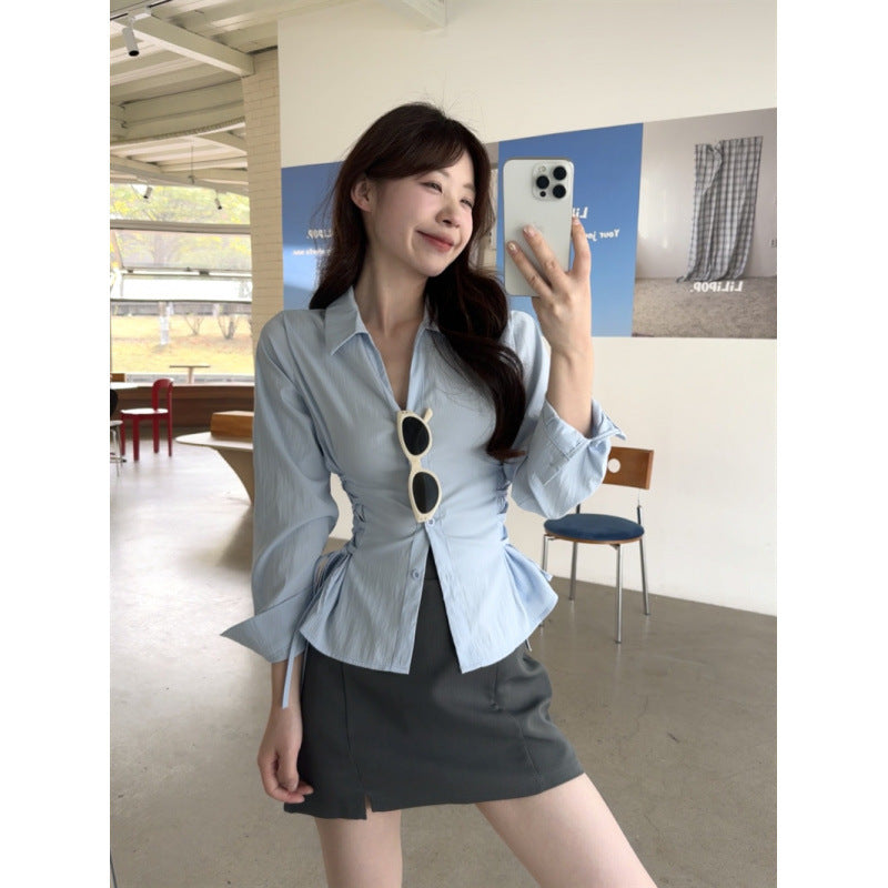 Hong Kong Style Walk 2025 Spring New Korean Temperament Lapel Waist Shirt High Waist Short Skirt Set