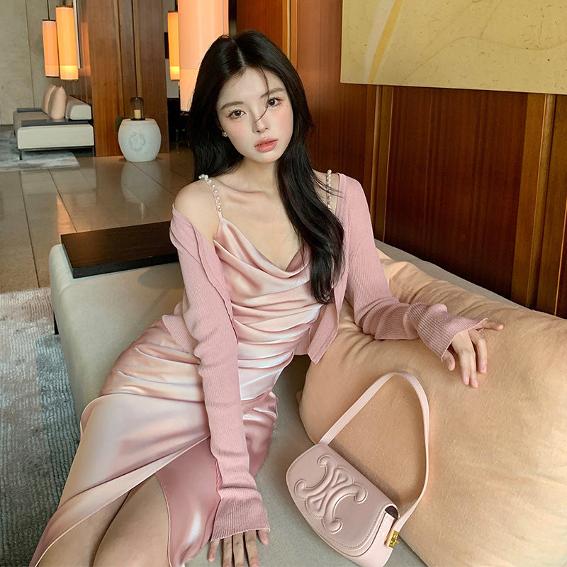 2025 spring and summer new high-waisted satin temperament suspender dress high-end long dress children 88169