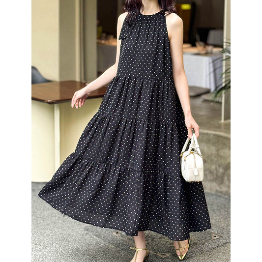 2025 popular spring and summer new sleeveless neck dress women's Korean retro polka dot elegant medium and long dress 4251