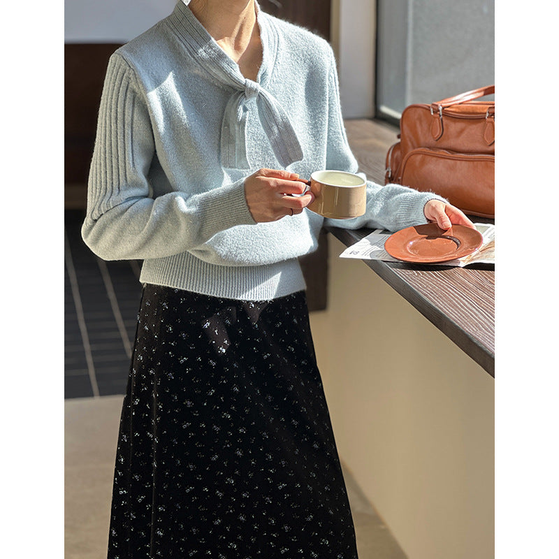 2025 popular autumn and winter new Korean version design sense neckline bow long sleeve inner knitted sweater 248702