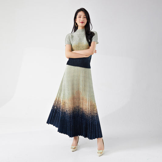 2025 Summer women's clothing high-end suit temperament printed short-sleeved T-shirt big pendulum drape skirt two-piece suit trendy
