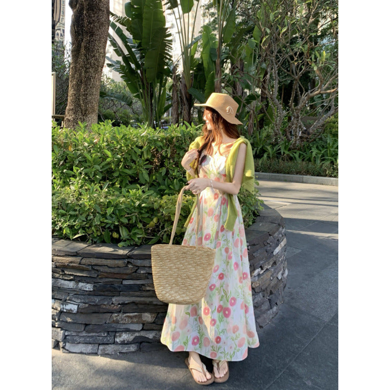 2025 spring and summer new outing travel wear Korean version of pure desire floral dress women's thin suspender skirt