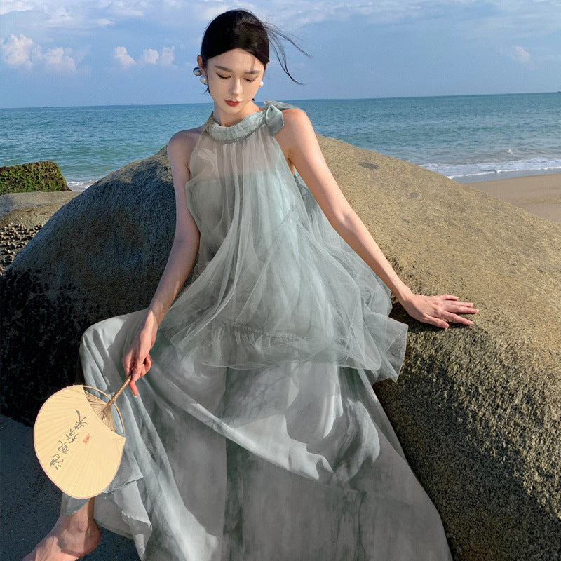 2025 New Chinese style temperament fairy vacation beach dress mesh stitching tie-dye fake two-piece neck dress summer