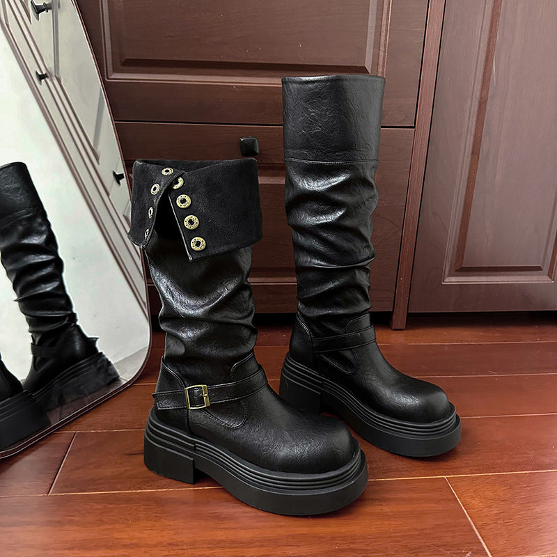 2025  Fat mm platform boots women's folding boots two wear popular spring and autumn new fashion belt buckle western cowboy boots thick legs