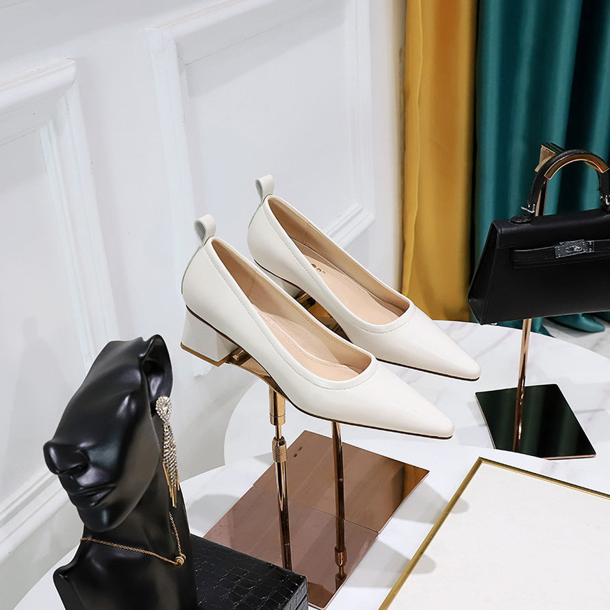 2025 1235-2 Korean version of fashion simple thick heel versatile middle heel shoes shallow mouth pointed professional OL office workers women's shoes single shoes