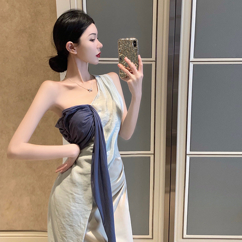2025 Exotic retro streamer shoulder dress women's design pleated chic long dress seaside vacation beach dress