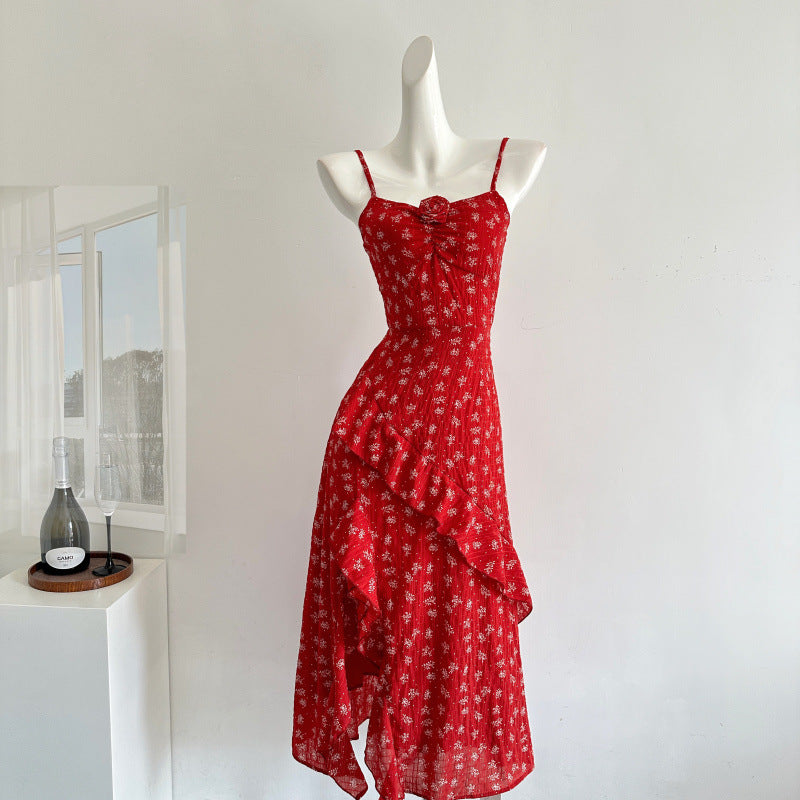2025 Beauty is not defined by floral dress /temperament red holiday suspender split dress two-piece suit women