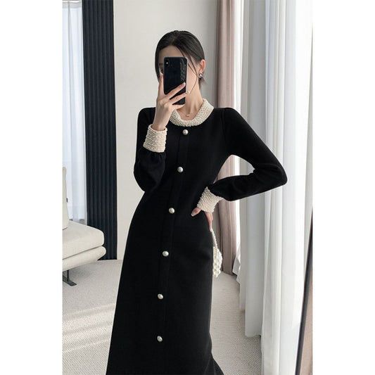 2025 With coat long sweater skirt temperament socialite  Hepburn style black backing knitted dress women's autumn and winter