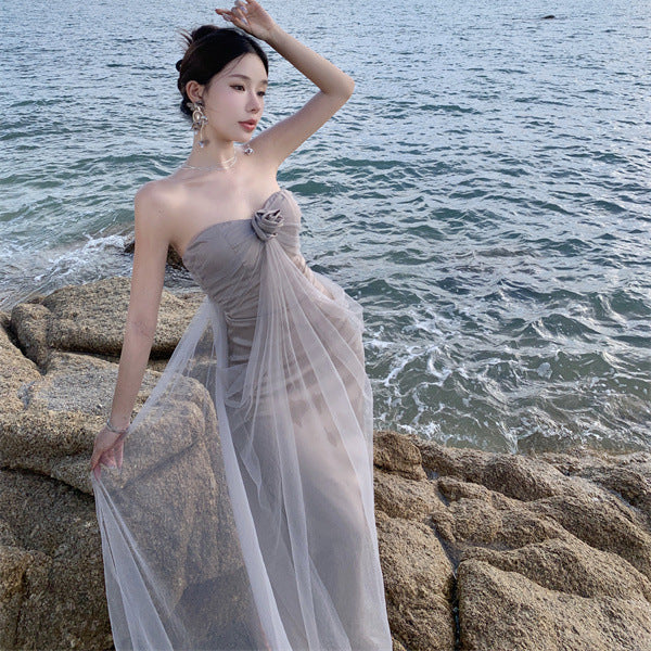 2025 Pure desire wind super fairy temperament mesh yarn one-word shoulder tube top dress fairy summer seaside vacation wind beautiful long dress