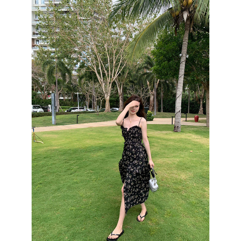 2025 summer new black floral dress women's high-end temperament coffee break skirt split suspender skirt long skirt