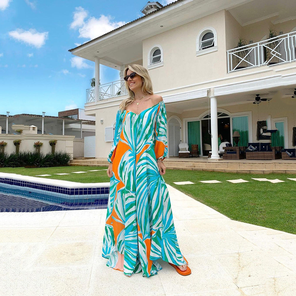 2025New new spring and summer  women's clothing one-word shoulder long-sleeved chiffon long dress temperament commuter printed dress