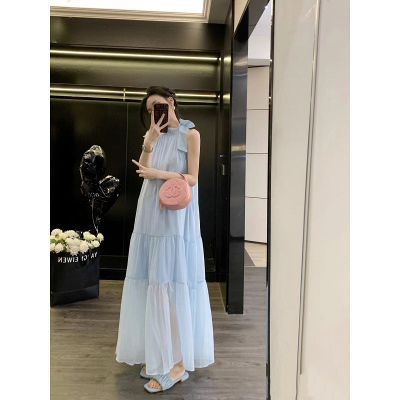 2025 Star Zhang Bichen White Deer same bow neck suspender dress summer long dress seaside vacation skirt