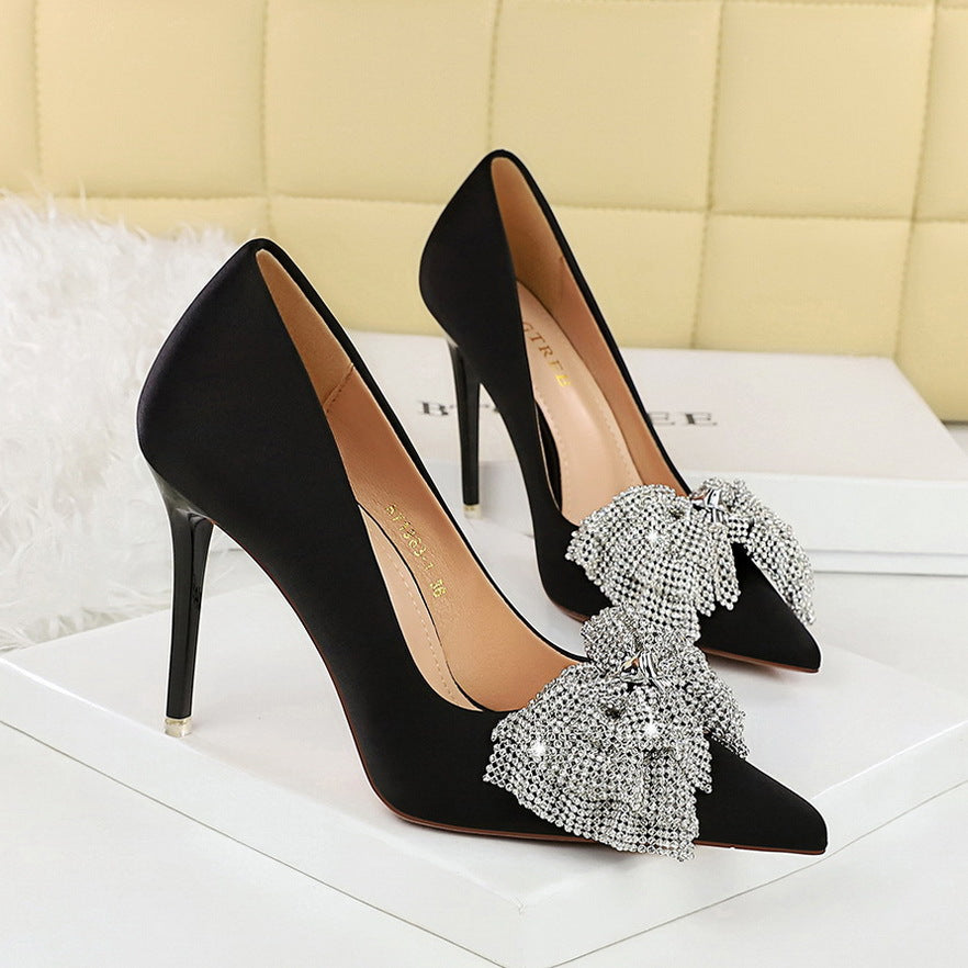 2025 1983-H71  temperament women's shoes rhinestone bow shallow mouth high heels pointed thin heel super high heel single shoes