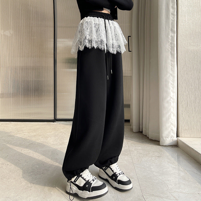 Ballet lace splicing wide-leg pants women's 2025 spring wear new two-wear Spice Girl straight versatile casual sweatpants