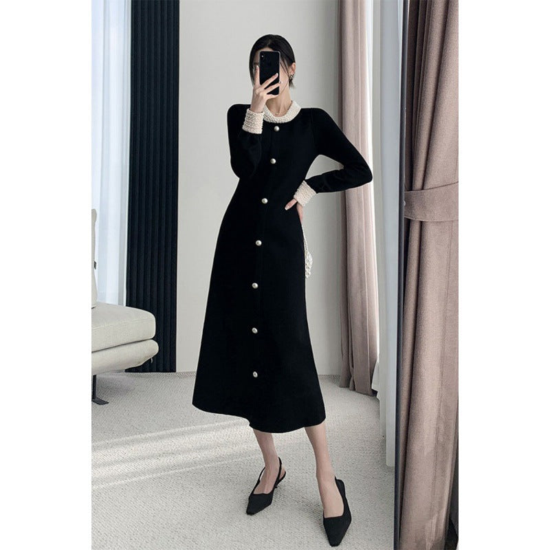 2025 With coat long sweater skirt temperament socialite  Hepburn style black backing knitted dress women's autumn and winter