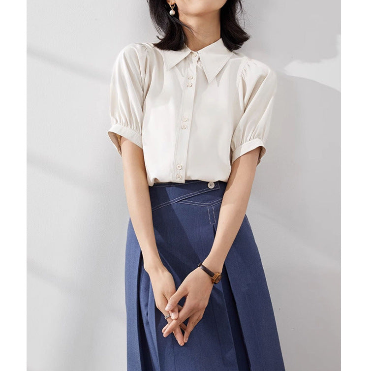2025 Premium bubble-sleeved  shirt, design niche  summer women's top, chiffon short-sleeved shirt