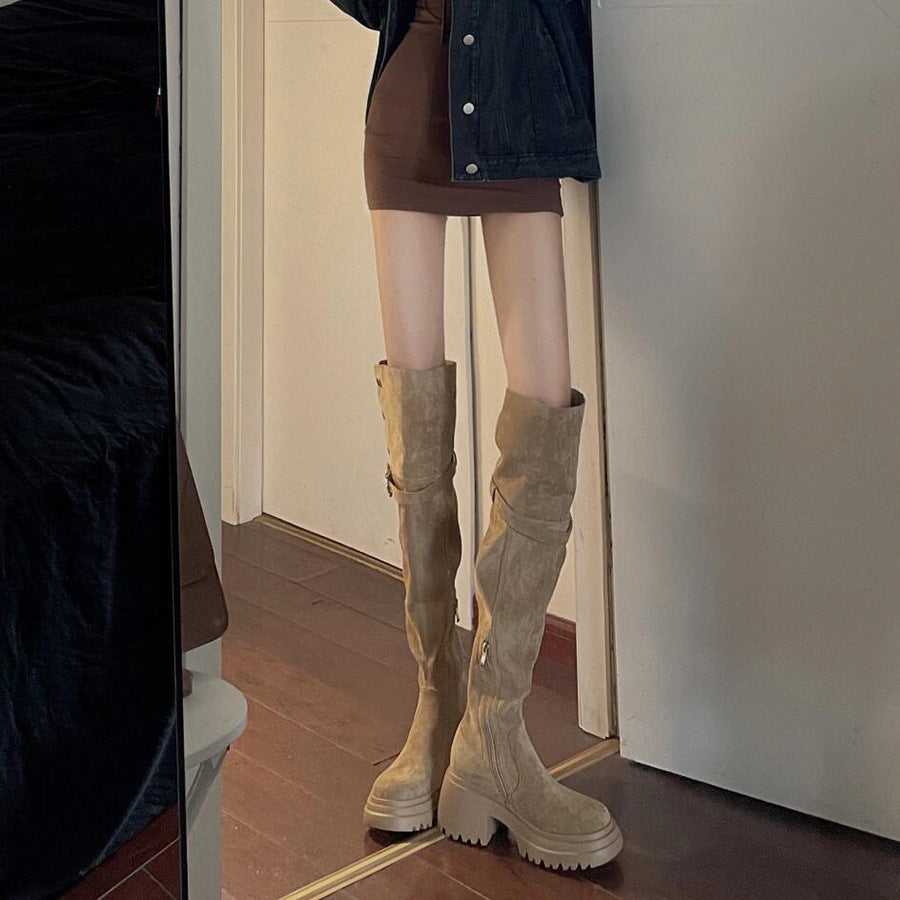 2025 Small inner height increase over the knee boots Children's Maillard autumn and winter new thick-soled two-wear folding boots