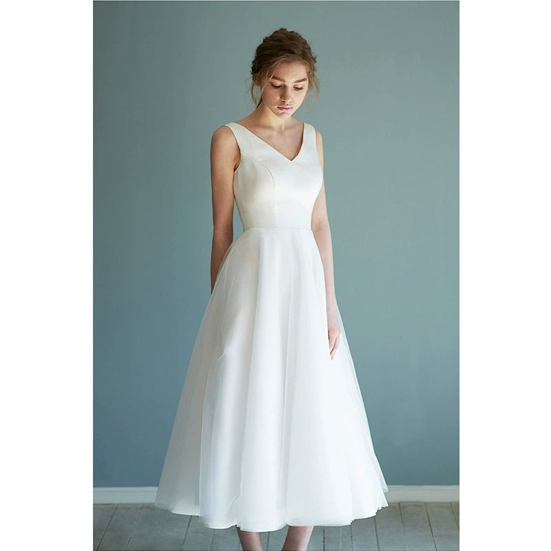 2025 new white satin light wedding dress simple atmosphere V-neck dress birthday first-year adult ceremony dress