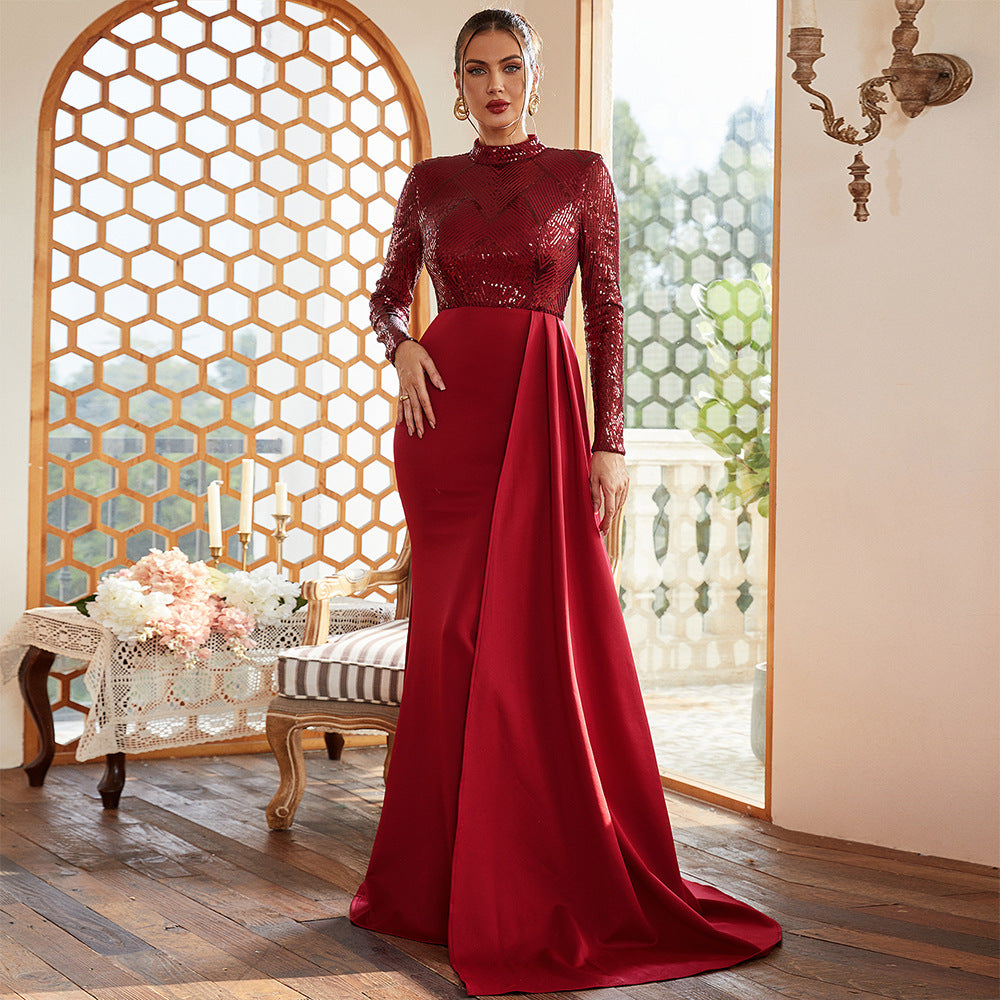 2025 temperament sexy long sequins long sleeves crew neck banquet evening dress bridesmaid dress women