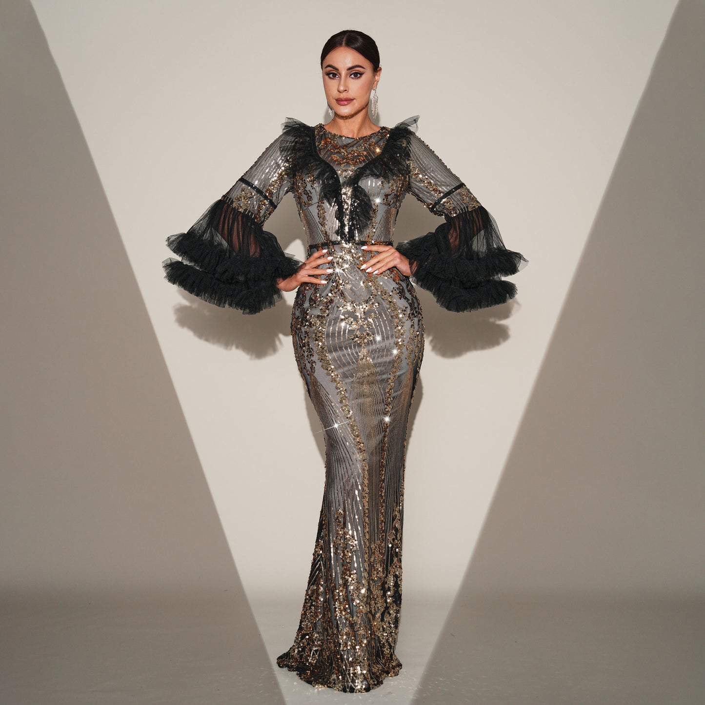 2025 large-size high-end temperament round neck long sequined banquet fishtail evening dress bridesmaid dress women