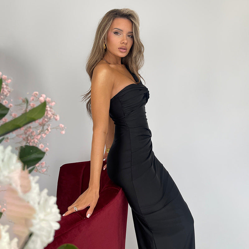2025 wishes spring hot-selling new dress sexy temperament tube top solid color splicing hip-wrapped slim dress