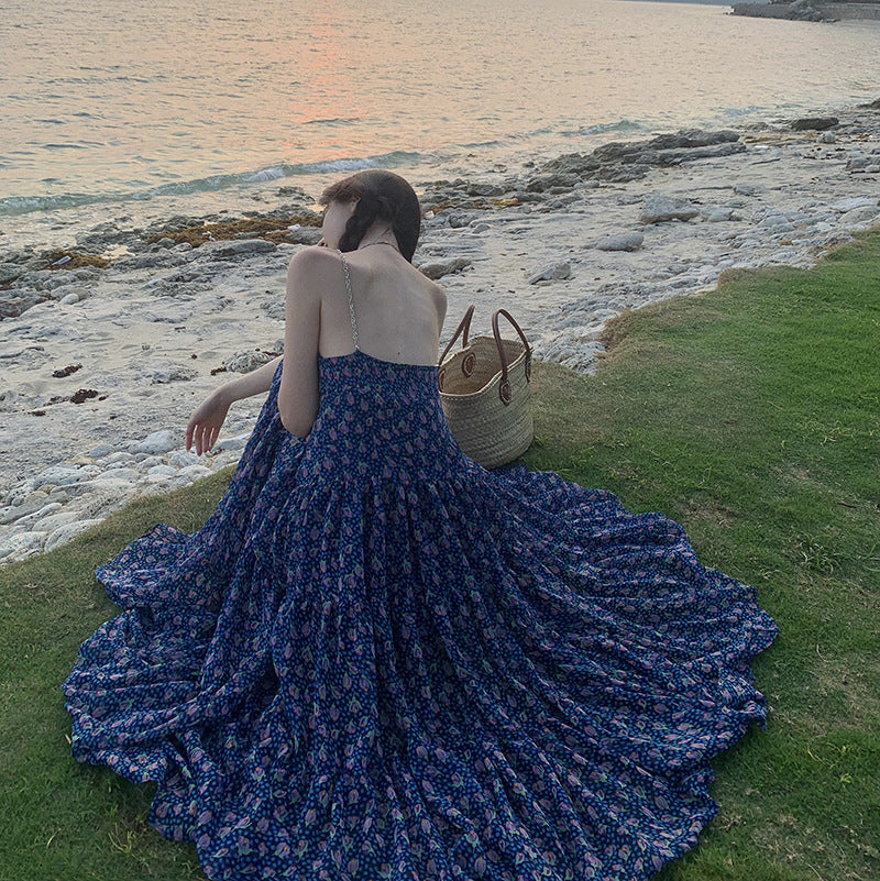2025 Blue floral dress women's spring and summer suspender skirt Sanya travel photo beach skirt v-neck vacation style long dress