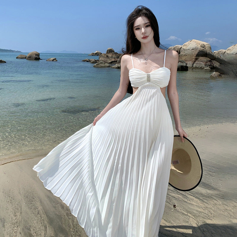 2025 Venus Pleated Diamond Hollow Suspender Fairy Skirt Party Night Banquet Dress Holiday Pleated Beach Skirt