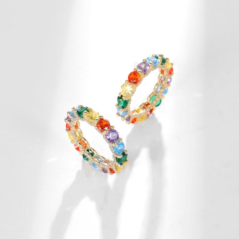 2025 New colorful copper inlaid zircon jewelry ring tide niche light luxury design high-end candy color rainbow ring