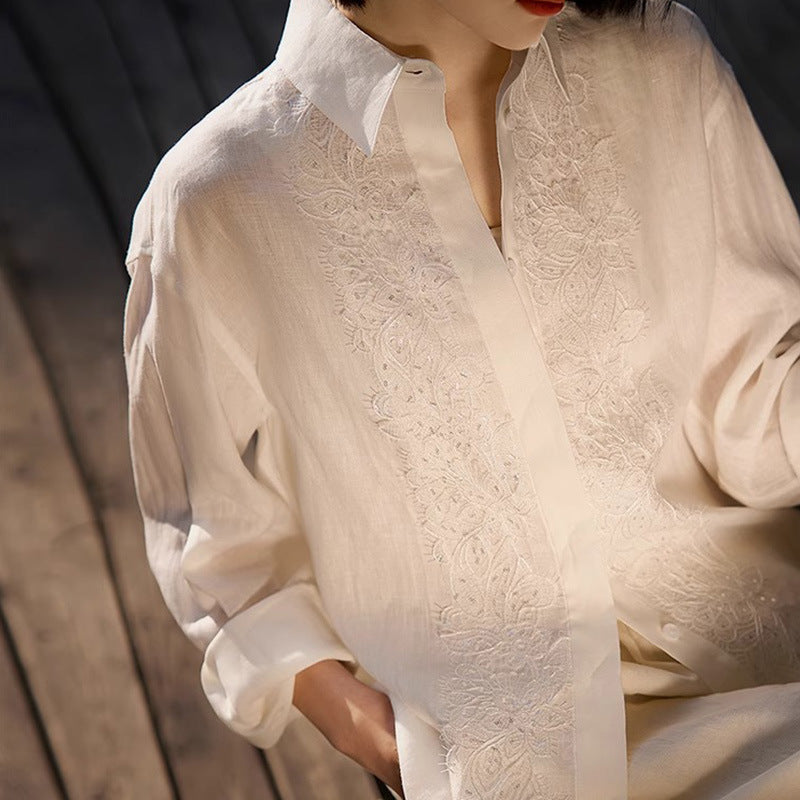 2025 Embroidered 100% linen shirt, high-end white top, women's clothing  spring new products, commuter long-sleeved shirt