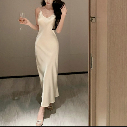 2025 large U-neck oblique cut acetic acid satin suspender dress women's waist temperament long skirt  summer pure desire