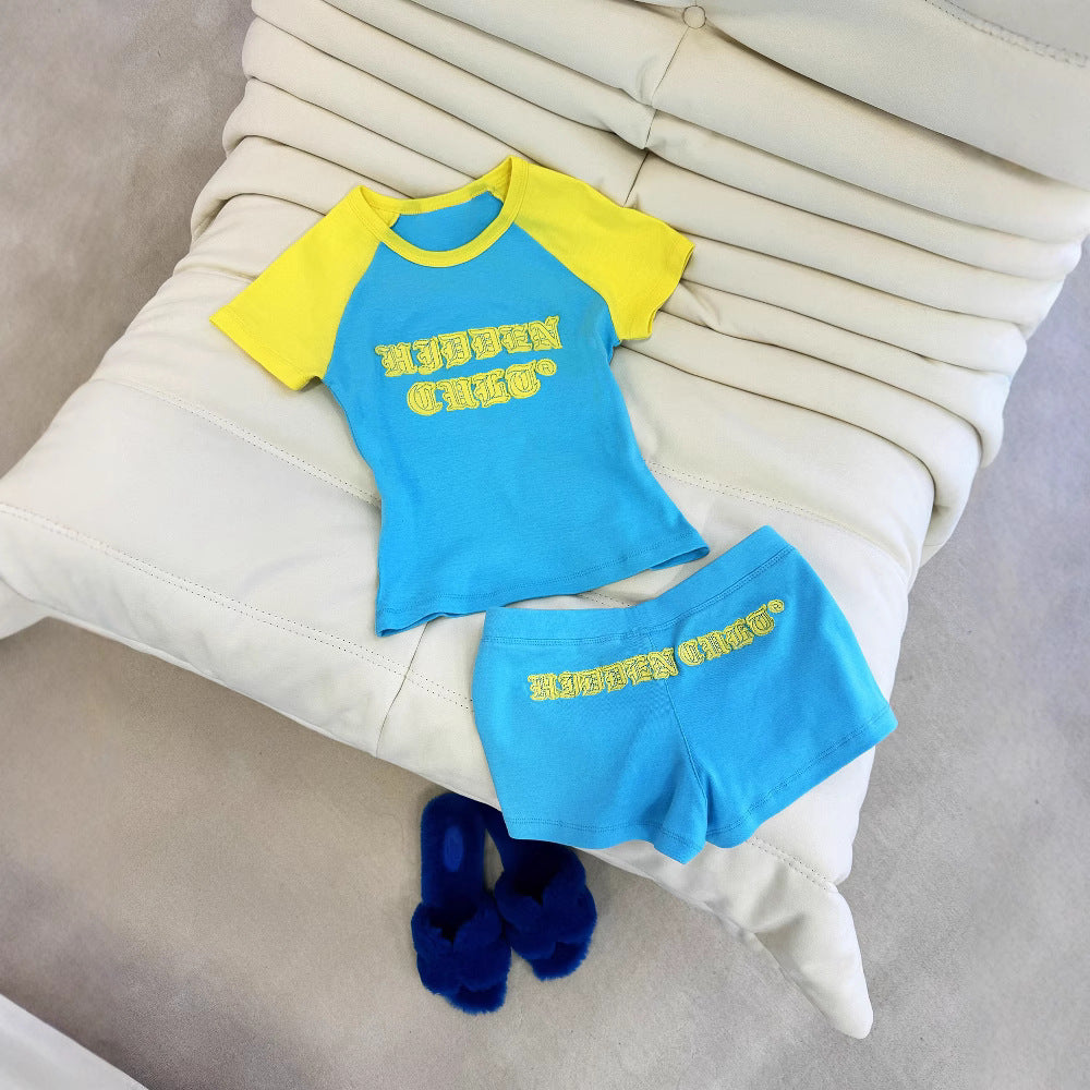 BENPAOLV American new Spice Girl style retro hip hop personality splicing street suit short sleeves shorts sticker letters