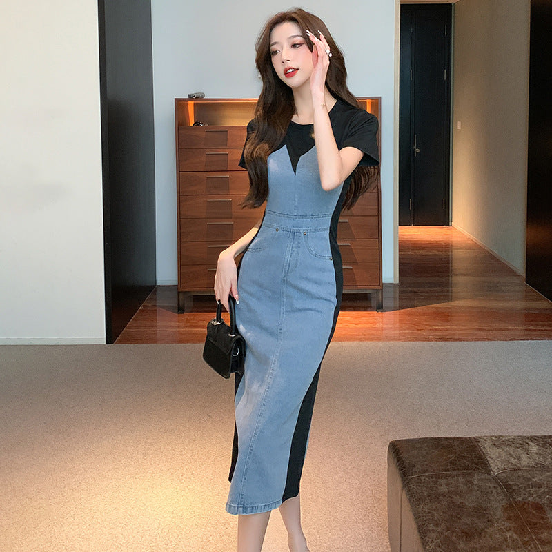 2025 Popularan fashion slim Hong Kong temperament denim splicing dress women's summer new design short-sleeved long dress tide