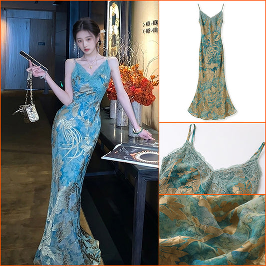National Style New Chinese Light Luxury Temperament Printed Dress 2025 Summer Slim Sexy Suspender Dress Women N3076