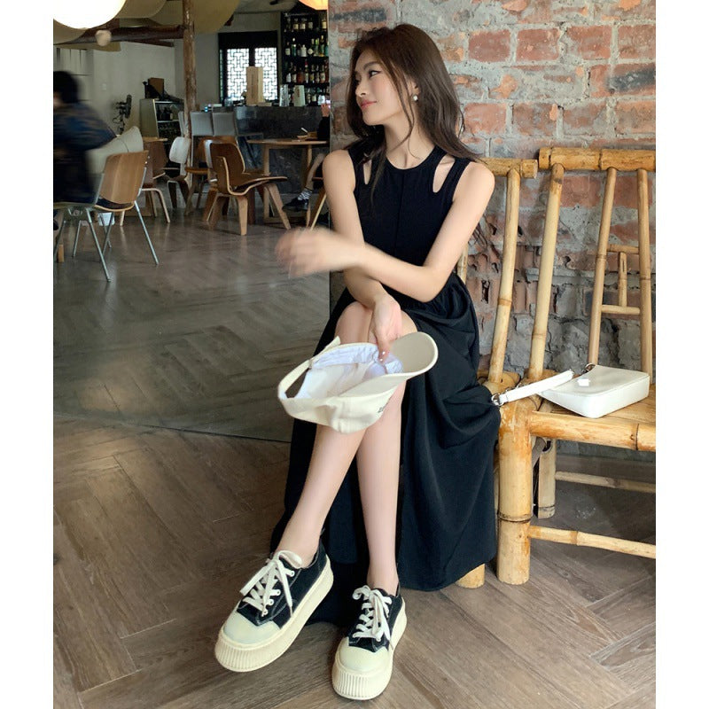 2025 summer black long dress vest dress women waist thin split cut women wear pure desire Spice Girl style