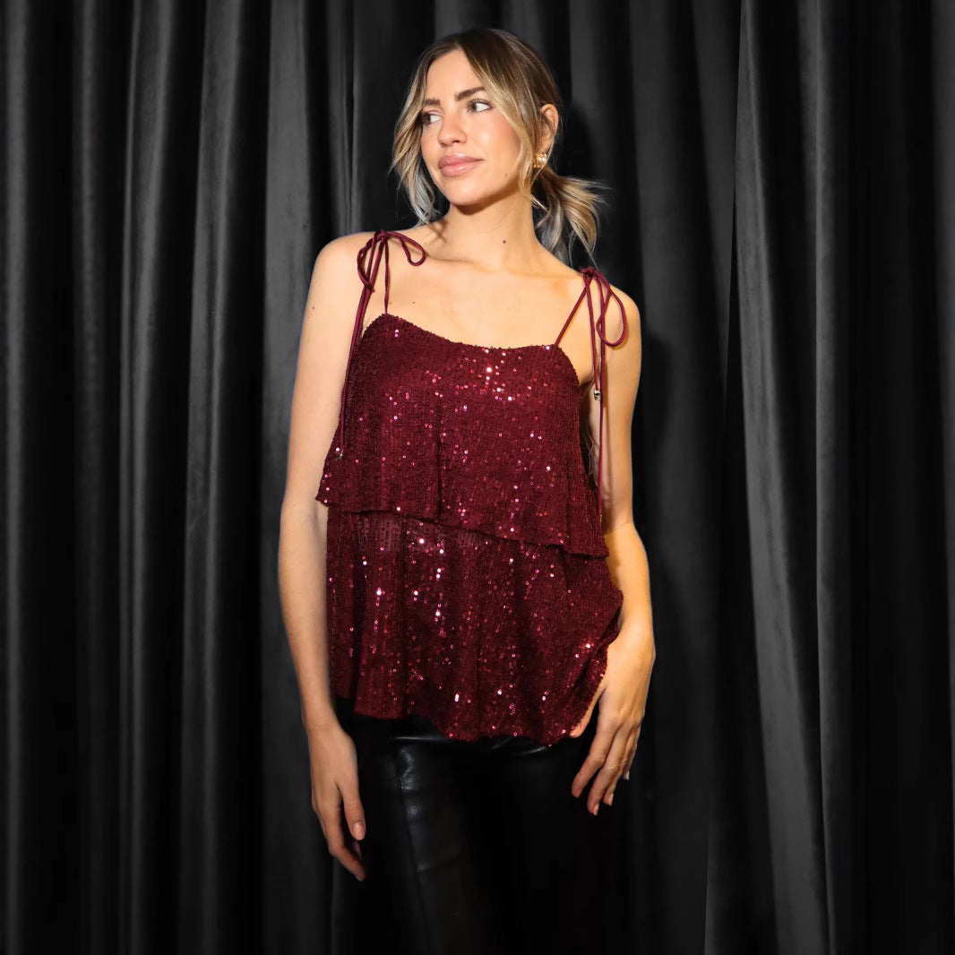 Spring Cross-border Popular, ,  Sexy Sequin V-Neck Suspender Vest Women's Short Loose Top Bottom Shirt