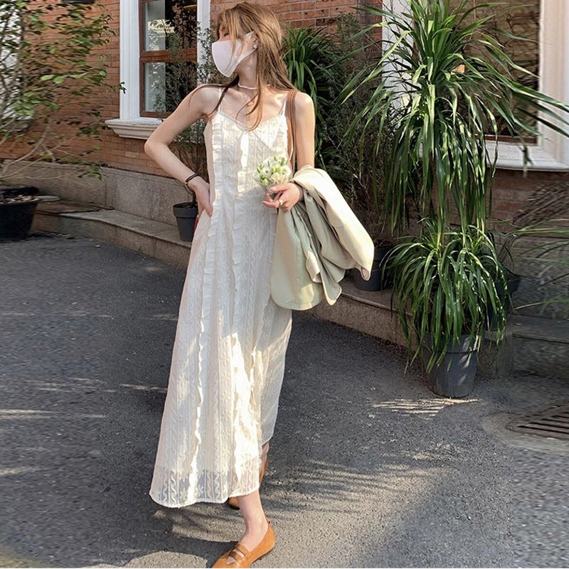 2025 spring new lace embroidered white suspender dress waist temperament gentle wind inside long dress women