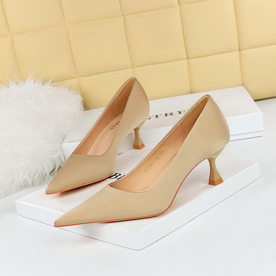 2025 1961-6 Korean version of spring and autumn fashion simple and versatile high heels wine glass heel high heel light mouth pointed satin single shoes women