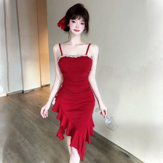 Red socialite women's clothing 2025 new  temperament sexy suspender dress small irregular tube top skirt