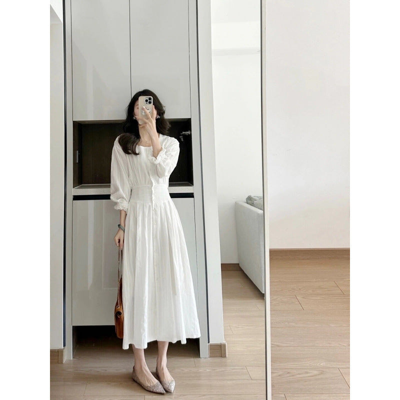2025 white v-neck hollow dress for women's spring new bubble short-sleeved A-word first love dating dress