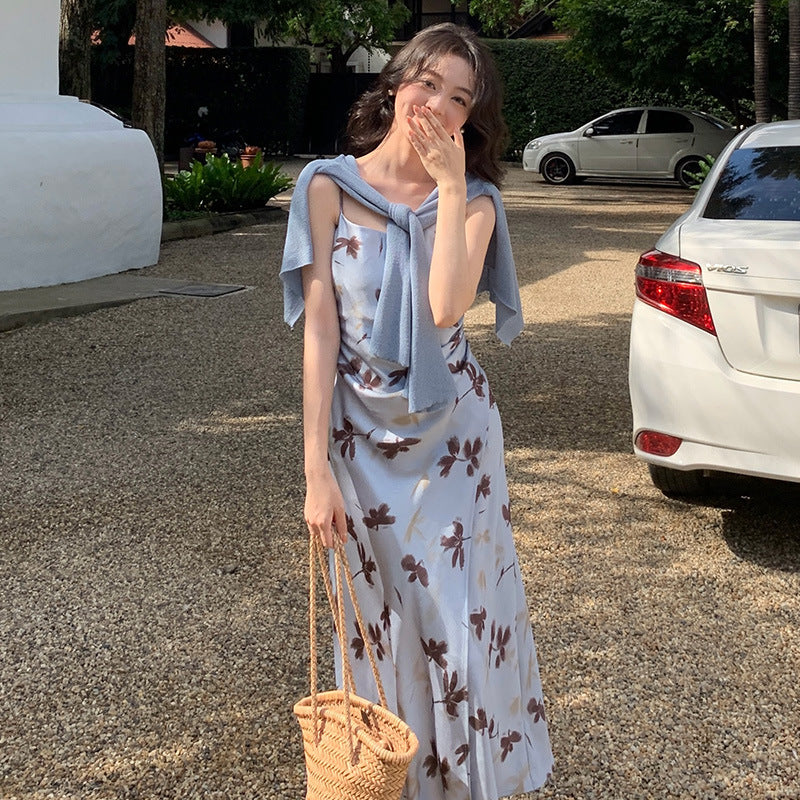 2025 spring and summer new Korean version high waist suspender dress printed pure desire vacation skirt women 88187