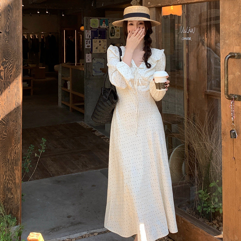 2025 spring new  temperament polka dot retro high waist long sleeve thin dress 88198