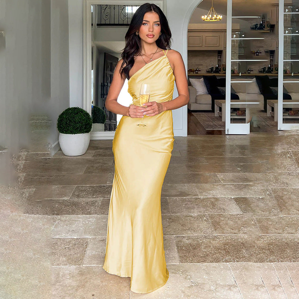 2025 ins New new dress single shoulder pleated backless sleeveless dress sexy fashion slim dress
