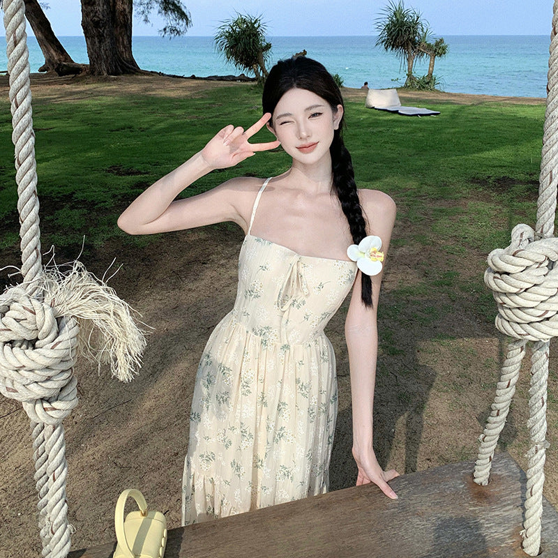 2025 Coffee break  floral suspender dress women's summer Mori small fresh seaside vacation style beautiful temperament skirt