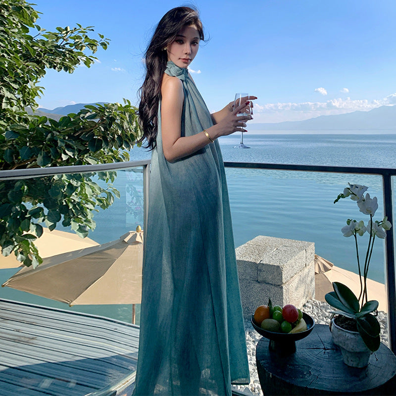 2025 sleeveless neck suspender dress women's summer new high-end temperament seaside vacation fairy long skirt