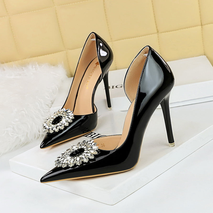 2025 638-K29  style banquet women's shoes thin heel super high heel shallow mouth pointed patent leather side hollow rhinestone buckle single shoe