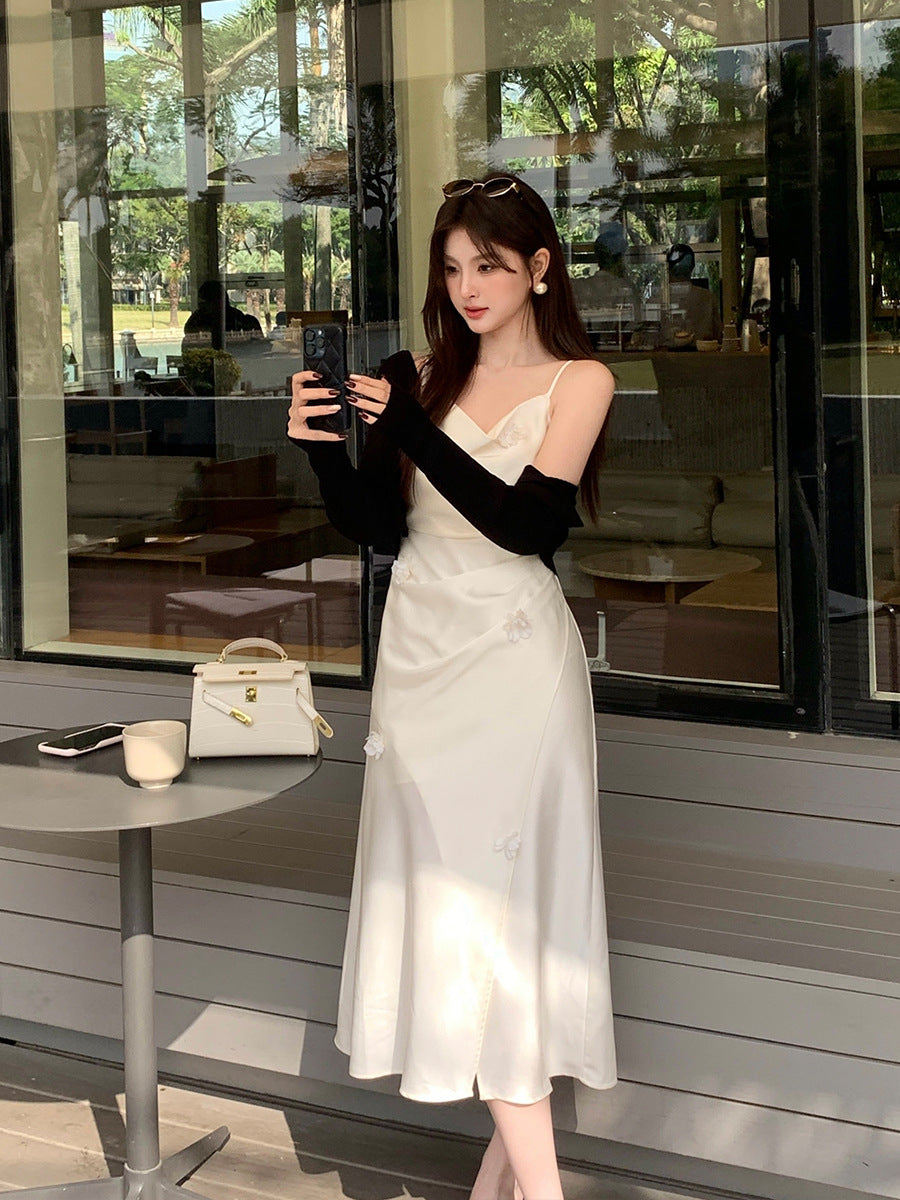 2025 Spring Clothing New Three-dimensional Nail Flower High Waist Satin Suspender Dress High-end Long Dress Children 88179