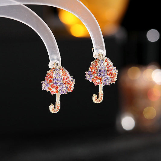 2025 S925 silver needle high-end earrings color zircon inlay fashion personality creative niche design small umbrella stud earrings