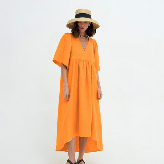 2025 Fashion casual loose short-sleeved solid color cotton and linen V-neck A-shaped skirt summer versatile commuter dress Popular trade wholesale women