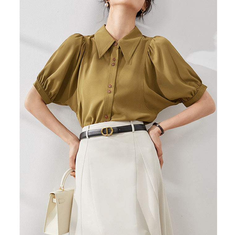 2025 Premium bubble-sleeved  shirt, design niche  summer women's top, chiffon short-sleeved shirt