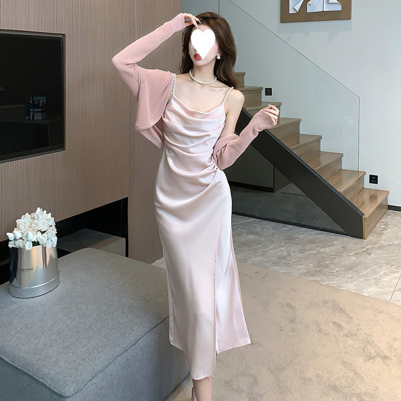 2025 summer bead design  swing neck acetic acid satin slim split suspender dress